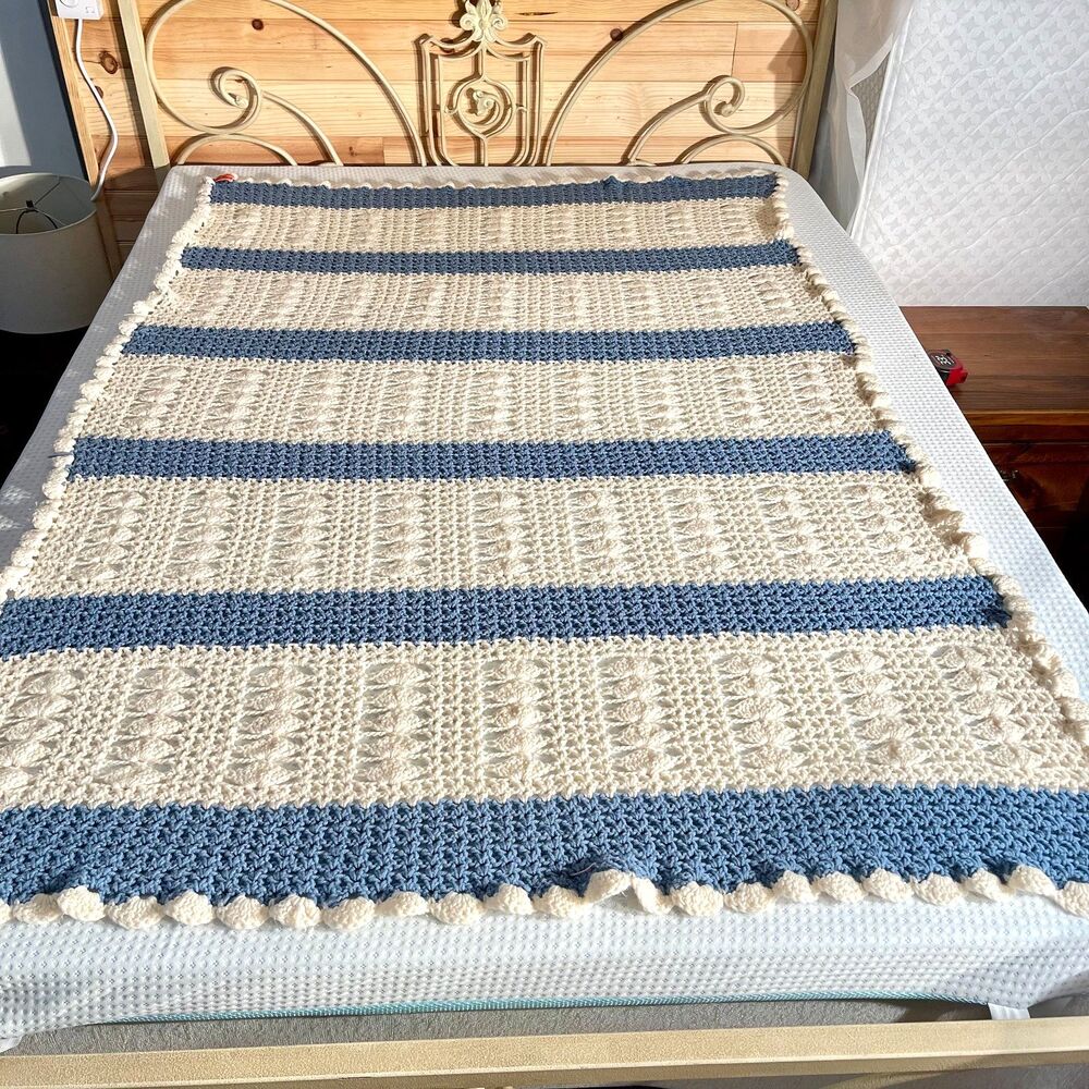 Handmade Crochet Striped 75 x 50 Blanket Blue White Afghan Vintage Cottagecore